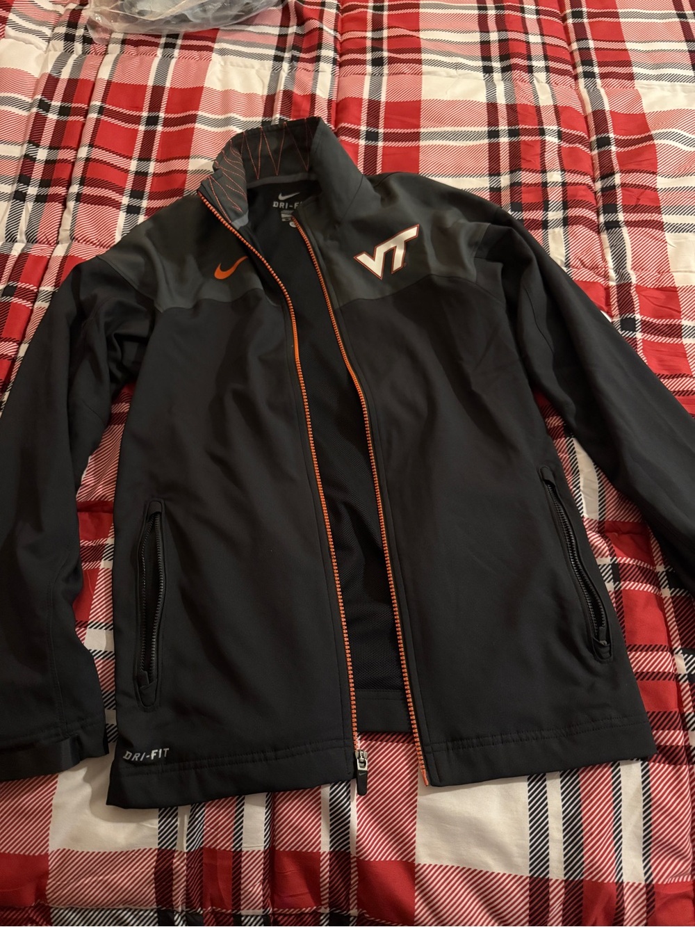 Nike Men's Black Lightweight Jacket with Orange Accents and VT Logo